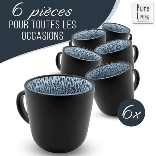 Tasse Café 6er Set en Grès Ibiza - Chic et moderne, compatible lave-vaisselle et micro-ondes - Tasses à Café Pure Living - Ensemble de Tasses à Thé et à Café Cool en bleu fumé