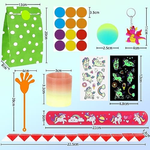 80 Pièces Kit Cadeau Anniversaire Enfants Invites - Sac Mixte Assortiment Jouet Prix du Trésor pour Fille Garçon(spirales arc-en-ciel,Porte-clés,Tatouage)