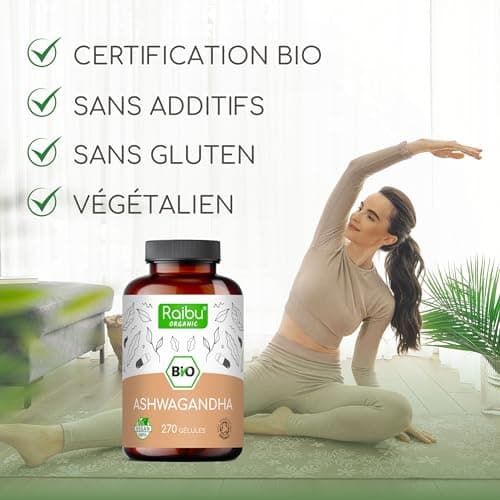 Ashwagandha BIO - 270 Gélules - Extra Fort : 2400 mg/jour - Ashwagandha Biologique Certifiée (Ginseng Indien/Withania Somnifera) - Sans Additifs, Végétalien - Pour votre Bien-être - Raibu
