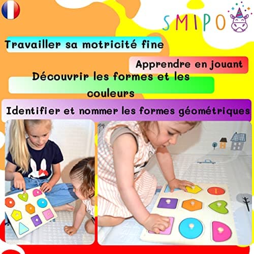 Puzzle en Bois Montessori Forme géométrique, Apprentissage encastrement Formes et Couleurs, motricité Fine, Jouet Bebe Enfant garçon Fille 12 Mois,1,2,3,4 Ans, Jeux educatif, Mot en français, Cadeau