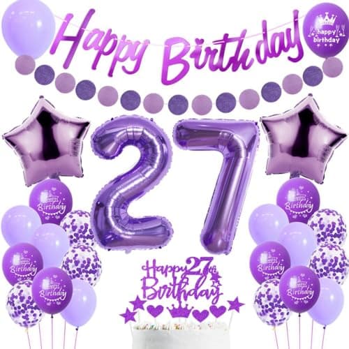 Ballon 27 ans violet Femme,Décoration gâteau 27 ans anniversaire violet,Décoration fête 27 ans anniversaire Femme,Ballons anniversaire 27 ans violet,Décoration anniversaire 27 ans Femme violet