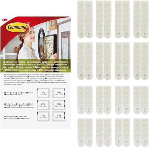 Command Languettes Accroches Tableaux, Blanc - 10 Paires de Petites Bandes (S), 8 Paires de Moyennes Bandes (M) - Bandes Adhésives Murales pour Photos, Cadres et Affiches - Fixation sans Dommage