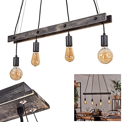 Suspension Aarhus, lampe à suspendre en métal/bois en noir/marron, 4 flammes, 4 x E27, hauteur réglable, sans ampoules