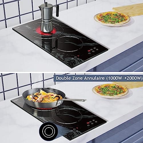 Hobsir Plaque Vitrocéramique 2 Feux, Plaque de Cuisson électrique Encastrable 29cm, Verre Céramique Texturé Marbré, 3200Watts, Commande Tactile, Zone à Double Anneau, Pas de Prise