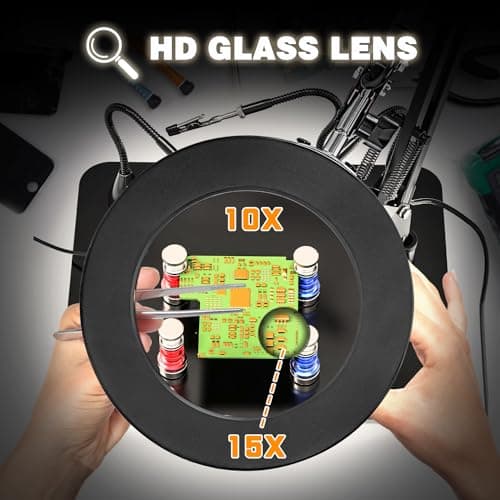 Jubor 10X & 15X Loupe avec Lumière et Support, Aide Magnétique à Souder Main Secourable, Troisième Main Loupe à Souder avec 3 Modes de Couleur Gradable, Lampe Loupe pour Bricolage, Soudage, Loisirs