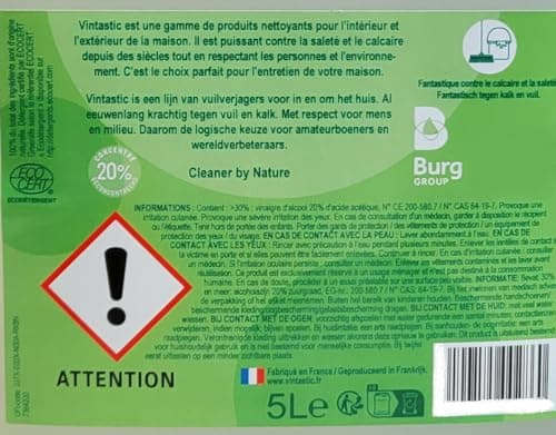 Vinaigre Blanc Ménager Nature 20 ° - 100% Naturel - Sans Parfum ou Arôme - Production Française (1 Bidon de 5 Litres)