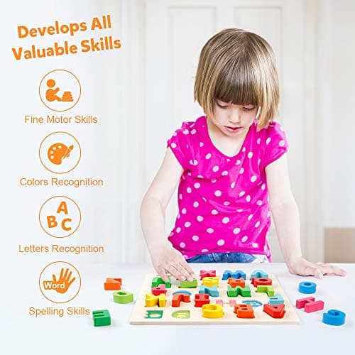 Coogam Puzzle Alphabet en Bois Panneau à Lettres ABC Bouton Blocs de Puzzle Montessori Apprentissage précoce Cadeau Jouet éducatif pour 1 2 3 Ans Bambin bébé Enfants