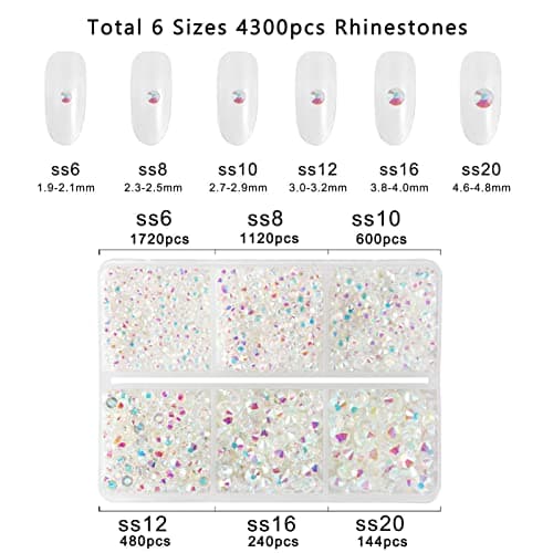 Beadsland Lot de 4300 strass ronds à dos plat pour bricolage - 6 tailles - Avec pincettes et crayons de cire - SS6-SS20 - Transparent AB
