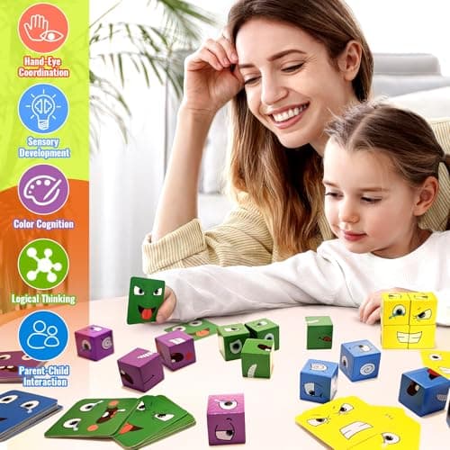 Jeux Montessori Enfant Interactif Emoji Bloc, Puzzle de Blocs D'expressions en Bois, Blocs Cube de Construction Changeants de Visage, Jouets Montessori Cadeau pour Enfants