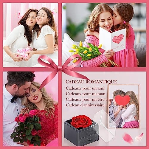 boîte de Rose eternelle avec Bijoux Argent 925,Collier Femme,Pendentif Coeur avec Rose Conservée et Stabilisée Rouge,Cadeau pour Elle la Noël,La Saint-Valentin,Fête des mères,Anniversaire