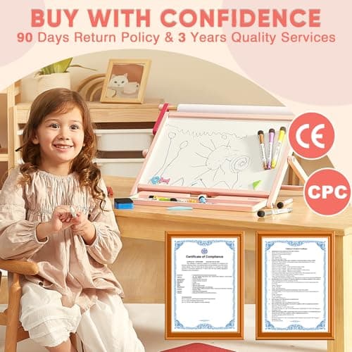FUNLIO Chevalet de Table Magnétique Anti-Déformation pour Enfants 3 Ans+ (100+ Pièces), Double Face en Bois avec 3 Angles Réglables, Tableau Blanc, Tableau Noir & Rouleau de Papier, Pliable - Rose