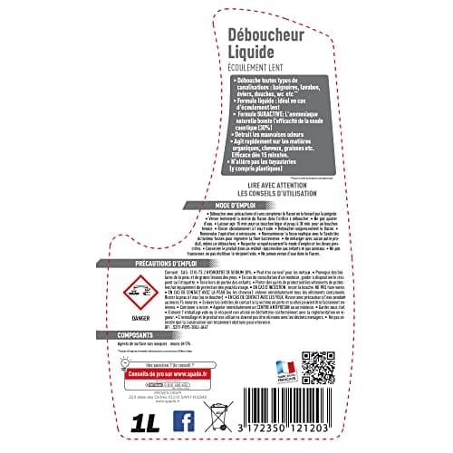 SPADO - Déboucheur liquide - Ecoulement lent - Détruit les odeurs - compatible fosse septique - action dès 15min - soude minérale concentrée 30% - 1 L - Fabriqué en France