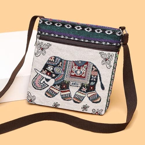 Qiwenr sac bandoulière brodé, Sac bandoulière éléphant, Crossbody-Sac en Toile pour, sac à bandoulière brodé à la main, Sac de transport éléphant,Sac cabas éléphant, Sac Style ethnique brodé, Sac