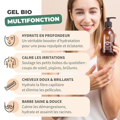 Bionoble Gel Aloe Vera Bio 100% Pur Aloe 200ml + Pompe - Bouteille en Verre - Gel Aloe Vera Cheveux Bouclés, Hydratant Crème Aloe Vera Visage, Soin Coup de Soleil Corps - Vegan Aloe Vera Gel Bio