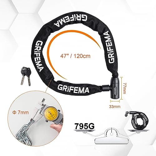 GRIFEMA GA1201-12, Chaîne Antivol Vélo 120 CM, Chaîne Cadenas Vélo pour Vélos, Motos, trotinette electrique, Portails, Noir