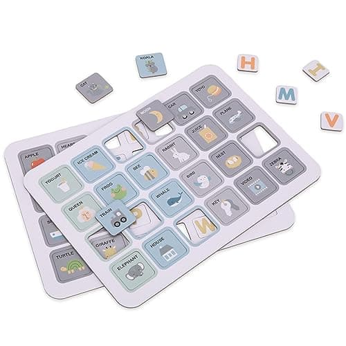 mamabrum, Puzzle magnétique - Alphabet - Apprentissage de l'écriture, 1 boîte magnétique, marqueur effaçable, Tissu, 26 Cartes, 78 Carreaux magnétiques, pour Enfants Lettres et Chiffres magnétiques