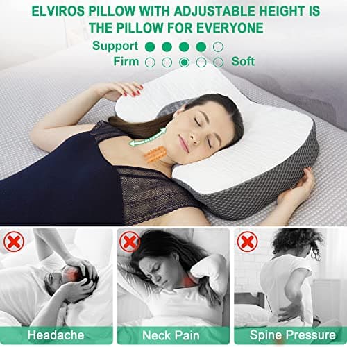 Elviros Oreillers à Mémoire de Forme, Oreillers Ergonomiques pour la Nuque, Oreiller Orthopédique Anti Douleur, Décontracter Les Muscles, Gris Foncé, 54 x 34 x 8.9/10.9 cm