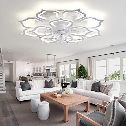Grand Ventilateur De Salon Floral Avec Lumière, Ventilateur De Plafond Design À 6 Vitesses LED Dimmable, Moteur DC Réversible, Modes Hiver Et Été, Plafonnier Avec Ventilateur Et Minuterie-White||80CM