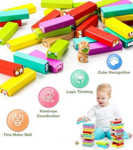 COOJOMMY Empilables Tour en Bois Jouet Enfant 3 Ans | Anniversaire Cadeau Enfants 3 4 5 6 Ans+ | Jeux de Société Adulte Famille | Jeux Educatif 3 à 9 Ans