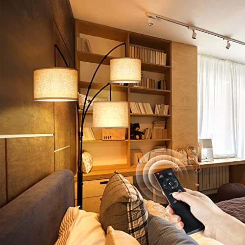 OUTON Arc LED-Stehlampe mit Fernbedienung, dimmbar, modern, schwarz, 3 Lichter, gewölbte hohe Stehlampe, Mid-Century, verstellbare Steh-Ecklampe mit Hängeschirm für Schlafzimmer, Büro, Wohnzimmer