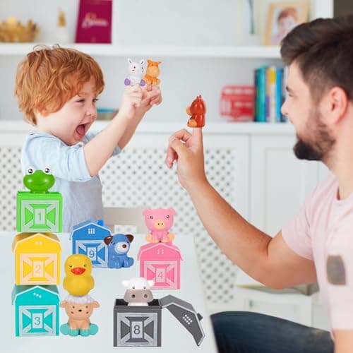 Wisplye Jouets à Empiler d'animaux de la Ferme, Marionnettes Doigts Montessori, Jouets d'apprentissage pour Bebe Enfant Garçon Fille 1 2 3 Ans Cadeaux Noël (10 Pièces)