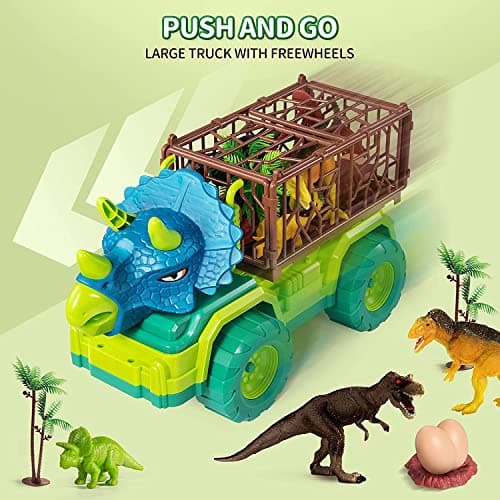 Jouet de Camion de Dinosaure pour Enfants de 3 à 5 Ans, Camion Transporteur de Voiture Triceratops avec 8 Figurines Dino, Tapis de Jeu de Dinosaure de Capture pour garçons