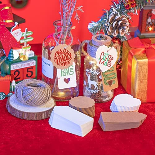 Étiquette cadeau 200PCS étiquette en papier kraft de brun et blanc,Étiquettes vierges en rectangulaire en forme de cœur de ronde,étiquette pour mariage cadeau Noël party,30m Ficelle de jute