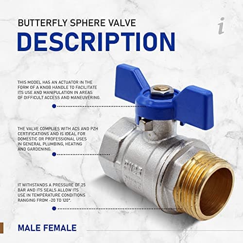 DOJA Barcelona | Vanne 1" Papillon | Robinet d'Arret PN-25 | Male-Femelle | en Laiton | Poignée Bleue | Vanne 26/34 pour Compresseur à Air, Tuyau Gaz, Raccord Plomberie, Robinet Exterieur Jardin...