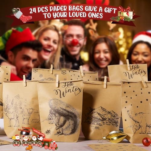 Calendrier de l'Avent à remplir,24 Sacs de l'Avent à bricoler soi-même avec sacs cadeaux imprimés et 24 autocollants numérotés et pinces, sacs en papier kraft pour Noël, enfants, adultes