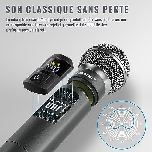 Phenyx Pro Système de Microphones sans Fil avec étui, Ensemble de Microphones sans Fil à Main pour Le Chant, Le karaoké, l'église, 2x30 fréquences UHF réglables, portée de 200 Pieds (PTU-52)