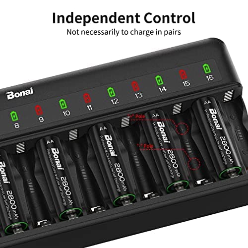 BONAI Chargeur Piles Rechargeable Rapide, 16 Slots Rechargeable Chargeur Piles pour AA AAA Ni-MH Ni-CD avec lumière LED et Câble de Charge AC, Contrôle Indépendant, Chargeurs intelligents