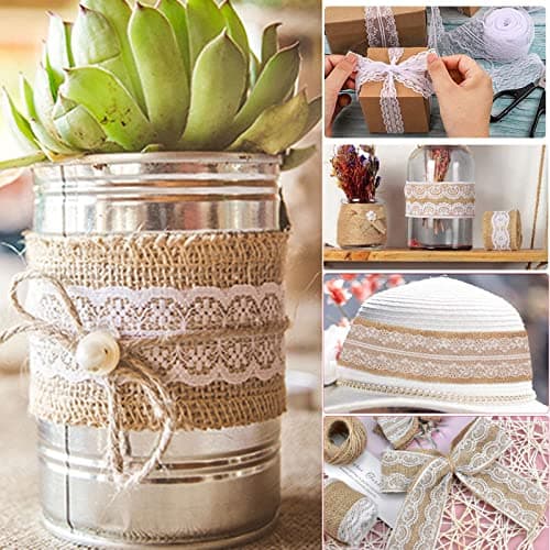 16 Pièces Ruban Dentelle,25M Toile Jute,Ruban Toil Jute,12M Ruban en Jute et 13M Dentelle,Rouleau de Jute,Ruban de Jute Naturel,Ruban Cadeau,Ruban Dentel pour Cadeaux Bricolage Deco Mariage Champetre