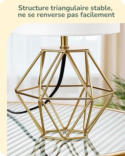 EDISHINE Lampe de Chevet avec Abat-jour en Lin Blanc et Base Doré Métallique en Forme de Diamant, E14 Ampoule LED Incluse de 2700K Blanc Chaud, Lampe de Table Moderne pour Chambre, Bureau, Salon