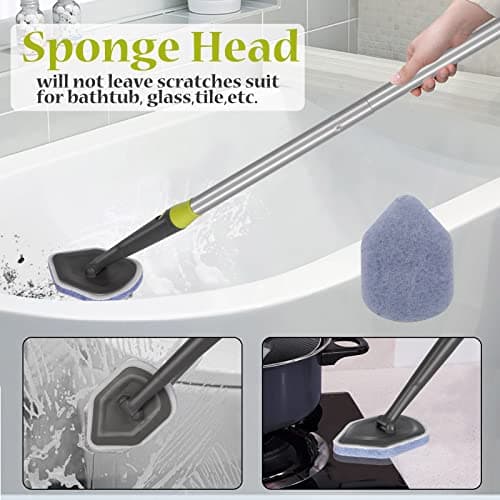 Masthome Brosse de Nettoyage 2 en 1 pour Baignoire et Carrelage avec Manche Long, Brosse à Récurer Amovible à Poils Rigides et 2 tête éponge pour Salle de Bain, Baignoire, Sol