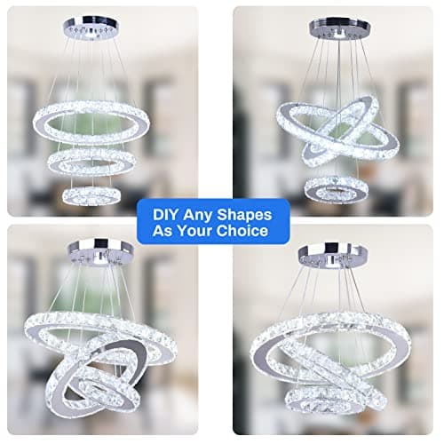 Cainjiazh Lustre moderne en cristal 3 anneaux LED ronds Lustre pendentif DIY en acier inoxydable ajustable Lustre plafonnier pour salle à manger chambre à coucher salon (Cool White)
