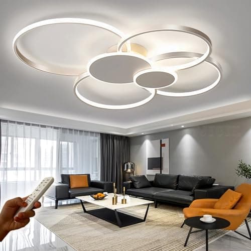 WJYCYN Dimmable Grand salon lampe LED 6 anneau Blanc plafonnier Luminaires de chambre modernes avec télécommandes éclairage de plafond métal acrylique bureau salle à manger 6 Lumières L80cm 70W