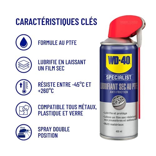 WD-40 Specialist • Lubrifiant Sec Au PTFE • Spray Double Position • Anti Friction • Lubrifie en laissant un film sec • Compatible tous métaux, plastique et verre • 400 ML • Lot de 2 , blanc