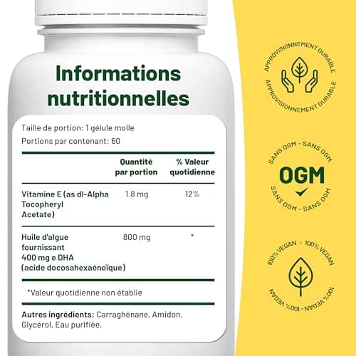 Omega 3 Vegan Huile d'algues 400 mg DHA par capsule, 60 capsules, soit 2 mois d'huile vegetale. Remplace huile de foie de morue, convient à tous les régimes vegan/végétariens.