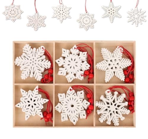 ilauke 24 Flocons de Neige en Bois Blanc,6 Designs Décoration de Sapin de Noël en Bois,Artisanat en Bois de Flocon 7x8cm,Décoration d'hiver Noël Bricolage,Bois Arbre de Noël Ornements pour Décoration