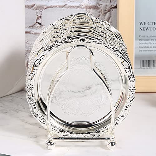 Tomotato 6 Pièces Dessous de Verre, 10cm sous-Verre Ronde en Métal Rétro de Style Européen avec Support, Tapis de Tasse Antidérapants pour Mariage, Dîners, Restaurant, Hôtel(Argent)