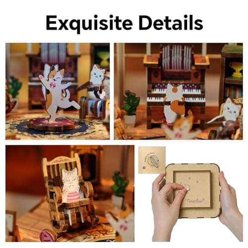 Tonecheer Kit de boîte à Musique à Faire soi-même pour Adultes, Puzzles 3D en Bois, boîte à Mouvement Musical pour Adolescents, Bureau, Cadeaux décoratifs pour Anniversaire (Famille de Chats)