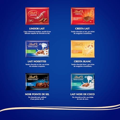 Lindt - Napolitains SWISS PREMIUM CHOCOLATE - Mix de Chocolats Lait-Noisettes, Lait-éclats de Nougat, Blanc-éclats de Nougat, LINDOR Lait, Noir Pointe de Sel, Lait Noix de Coco - Idéal pour Noël, 500g