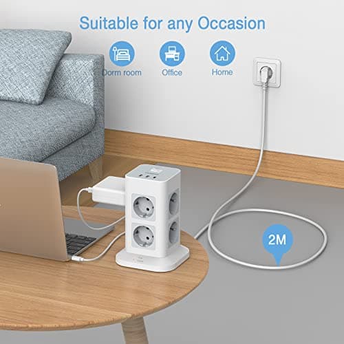 TESSAN Multiprise Parafoudre avec 8 Prises, 2 USB et 1 USB C, Tour Multiprise avec Interrupteur, Multiprise USB Secteur avec Rallonge Electrique 2M, Prise Multiple pour Bureau et Maison, 3600W, Gris