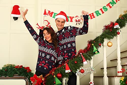 Litherday Pull de Noël Famille Unisexe Sweater Tricot à Col Rond avec Renne Flocon de Neige Arbre de Noël Imprimé Pull Manche Longue Hiver Sweat-Shirt,Noir Homme,M