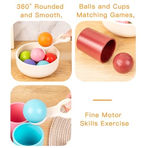 Auvewilo Jouet de Tri de Couleurs avec Boules et Gobelets en Bois, Ensemble de Jeu d'Association Montessori pour Enfants