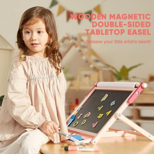 FUNLIO Chevalet de Table Magnétique Anti-Déformation pour Enfants 3 Ans+ (100+ Pièces), Double Face en Bois avec 3 Angles Réglables, Tableau Blanc, Tableau Noir & Rouleau de Papier, Pliable - Rose