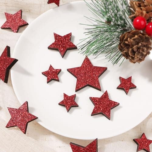 36Pcs Etoile Bois Noël Confetti Scintillant Décoration à disperser Table Cadeau Noël (Etoile à 5 branches Rouge)