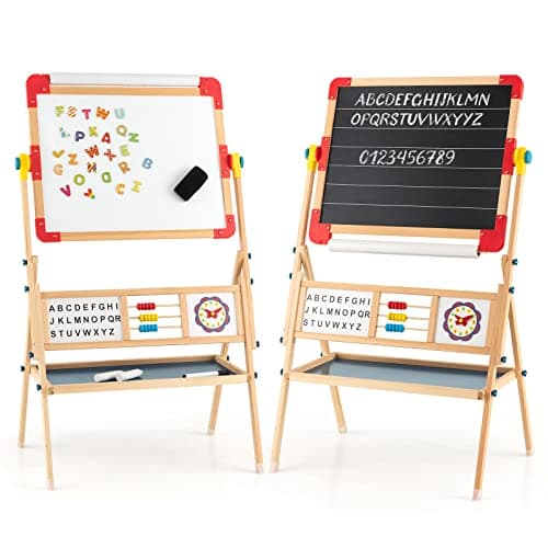 DREAMADE Chevalet d’Art pour Enfants, Chevalet en Bois Double Face Réglable avec Tableau Blanc Magnétique & Tableau Noir, Rouleau de Papier Bonus et Aimants en Lettres, Planche à Dessin Debout