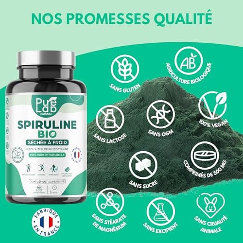 Spiruline Bio - 600 Comprimés Vegan, Cure 5 Mois - 21% Phycocyanine, 66% Protéines - Séchée à Froid - Antioxydant, Energie, Immunité - Sans Excipient ni Additif - Fabriqué en France