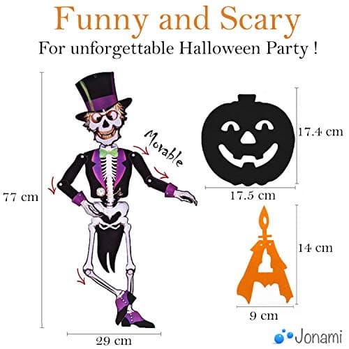 Jonami Deco Halloween Decoration Halloween XXL - Banderole Banniere Happy Halloween, Guirlandes Citrouilles, Ballons, Toile d’Araignees, Chauve-Souris 3D, Squelette Articule, Tissu Effrayante Noir